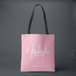 Blush Pink Modern Script Personalized Bridesmaids Tote Bag<br><div class="desc">Add a personal touch to your wedding with personalized bridesmaids gift tote bag. This tote bag features personalized bridesmaid's name in white modern script font style and monogram in light pink modern script font style as background with title and wedding date in white modern sans serif font style on blush...</div>