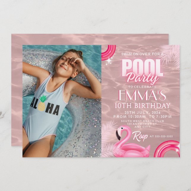 Blush Pink Modern Script Pool Birthday Party Invitation (Front/Back)