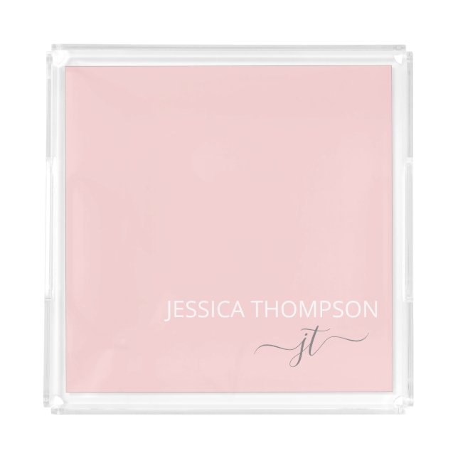 Blush Pink Modern Simple Script Monogram Name Acrylic Tray (Front)