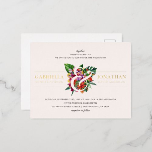 Blush Pink Modern Tropical Bouquet Wedding Foil Invitation Postcard