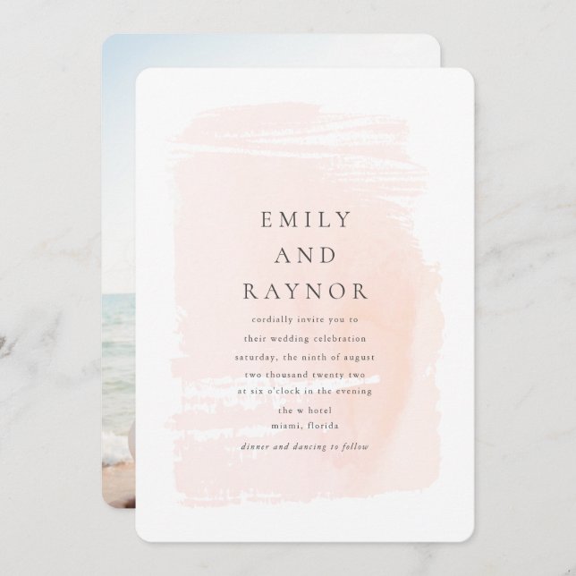 Blush Pink Modern Watercolor Photo Wedding Invitation (Front/Back)