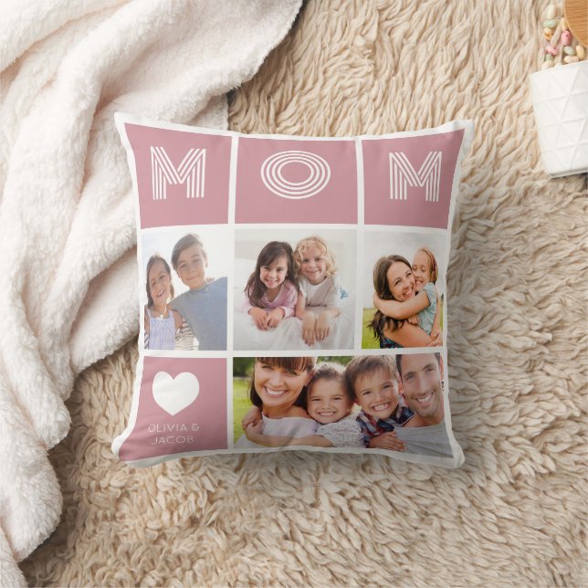 Blush Pink Mom Photo Collage Throw Pillow (Blanket)