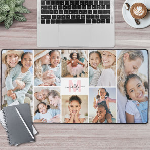Blush Pink Monogram 8 Photo Collage Desk Mat