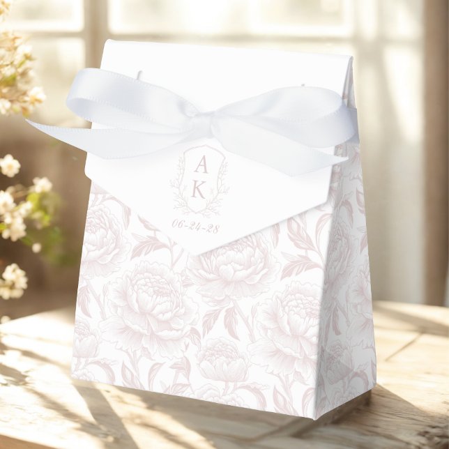 Blush pink Monogram Crest Chinoiserie Peonies Favor Boxes (Creator Uploaded)