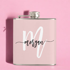 Blush Pink Monogram Cute Girly Script Flask
