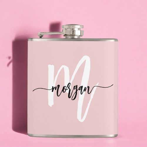 Blush Pink Monogram Cute Girly Script Flask