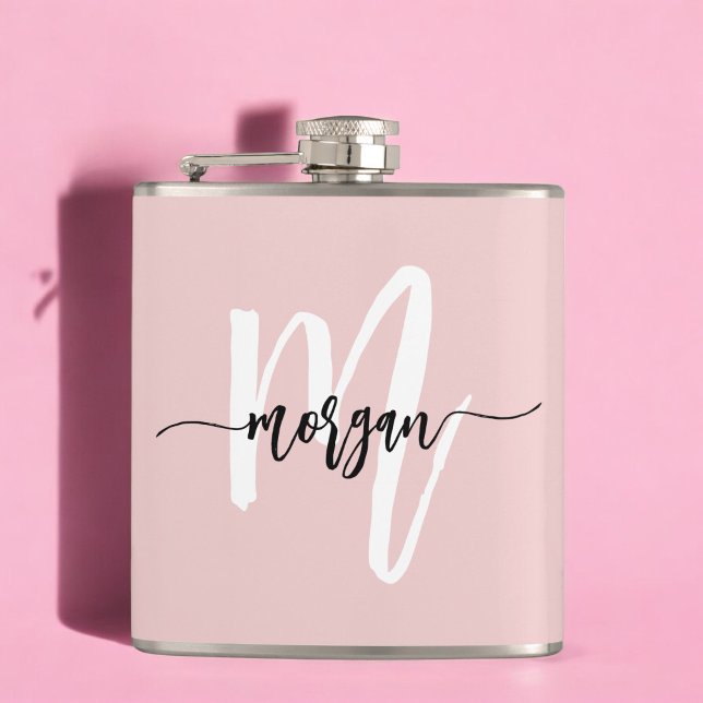 Blush Pink Monogram Cute Girly Script Flask (Creator Uploaded)