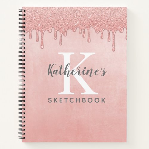 Blush Pink Monogram Dripping Glitter Sketchbook Notebook