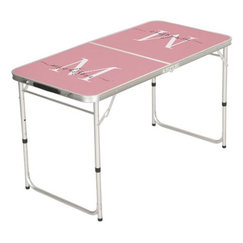 Blush Pink Monogram Elegant Feminine Gray Script Beer Pong Table