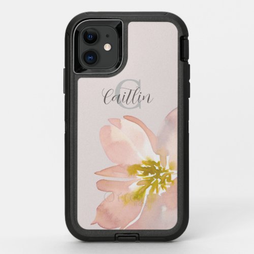 Blush Pink Monogram Elegant Floral Watercolor OtterBox Defender iPhone 11 Case