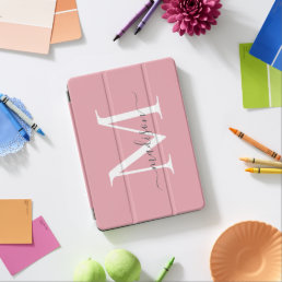 Blush Pink Monogram Feminine Stylish Gray Script iPad Air Cover