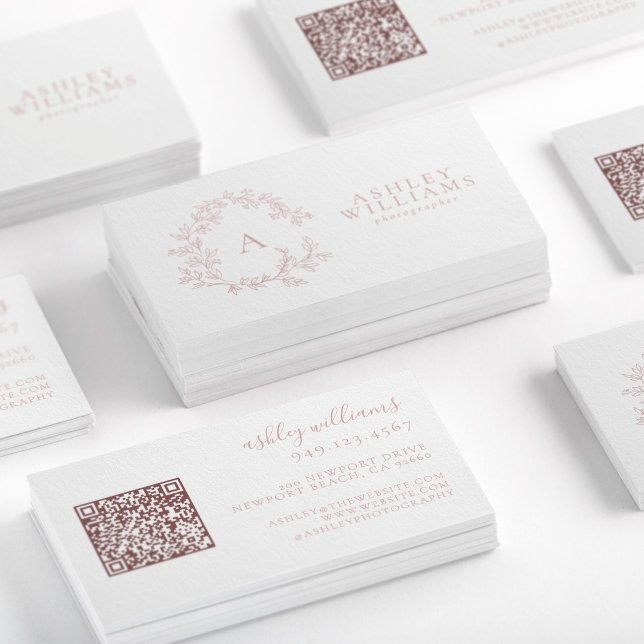 Blush Pink Monogram Floral Crest QR Code Business Card (Creator Uploaded)