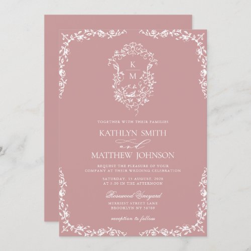 Blush Pink Monogram Floral Vintage Crest Wedding Invitation