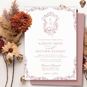 Blush Pink Monogram Floral Vintage Crest Wedding Invitation