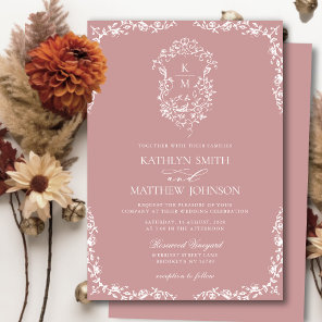 Blush Pink Monogram Floral Vintage Crest Wedding Invitation