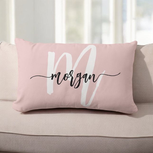 Blush Pink Monogram Girl's Name Dorm Room Lumbar Pillow (Creator Uploaded)