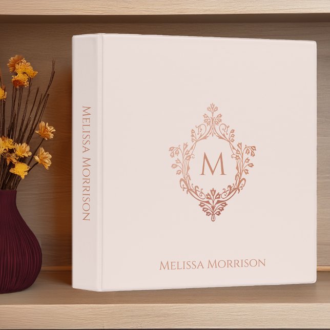 Blush Pink Monogram Initial Name Rose Gold Crest  3 Ring Binder (Creator Uploaded)