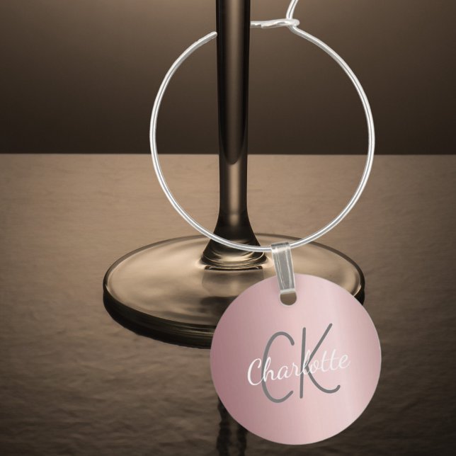 Blush pink monogram initials name minimalist wine charm (Creator Uploaded)