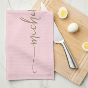 Blush Pink Monogram Name Gold Calligraphy Script Kitchen Towel