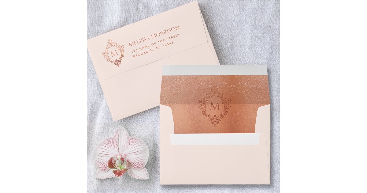 Blush Pink Monogram Rose Gold Crest Return Address Envelope | Zazzle