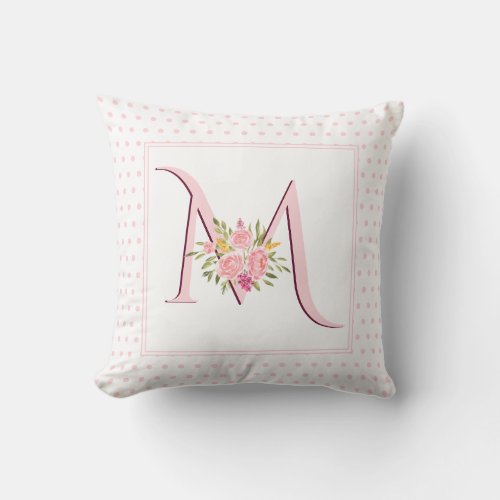 Blush pink monogram roses and polka dots throw pillow