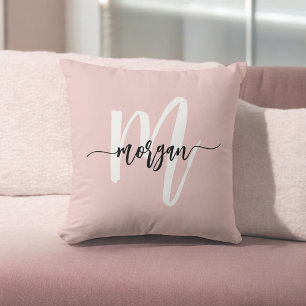 Blush Pink Monogram Script Girl's Dorm Room Throw Pillow