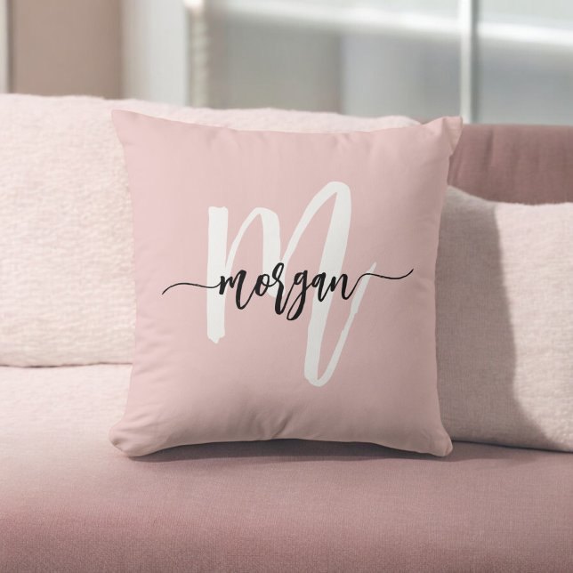 Blush Pink Monogram Script Girl's Dorm Room Throw Pillow (Creator Uploaded)