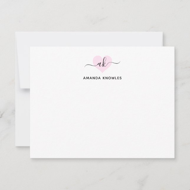 Blush Pink Monogram Simple Minimalist Girly Heart Note Card (Front)
