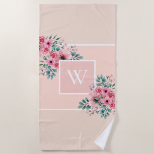 Blush Pink Monogram Watercolour Flowers Beach Towel