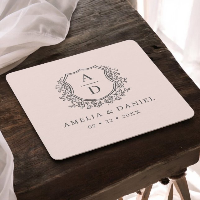 Blush Pink Monogram Wedding Floral Crest Elegant Square Paper Coaster (Creator Uploaded)