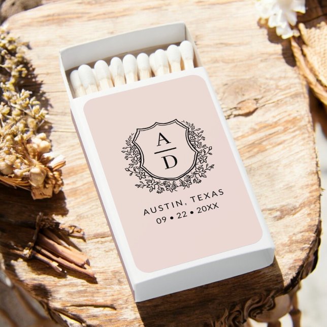 Blush Pink Monogram Wedding Floral Crest Matchboxes (Creator Uploaded)