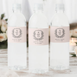 Blush Pink Monogram Wedding Floral Crest Water Bottle Label
