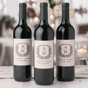 Blush Pink Monogram Wedding Floral Crest Wine Label