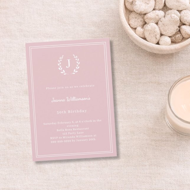 Blush pink monogram wreath minimalist birthday invitation (Creator Uploaded)