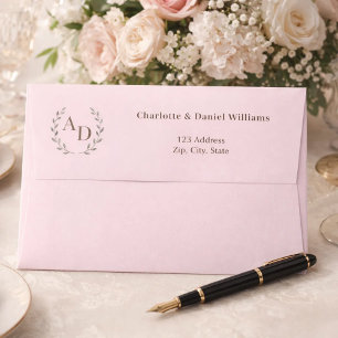 Blush pink monogram wreath return address envelope
