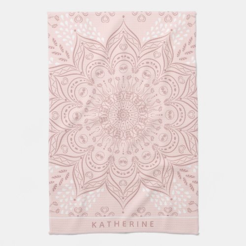 Blush Pink Monogrammed Boho Mandala Art Elegant Kitchen Towel