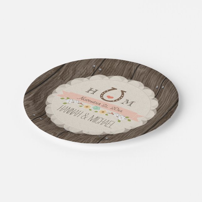 Blush Pink Monogrammed Horseshoe Heart Wedding Paper Plates (Angled)