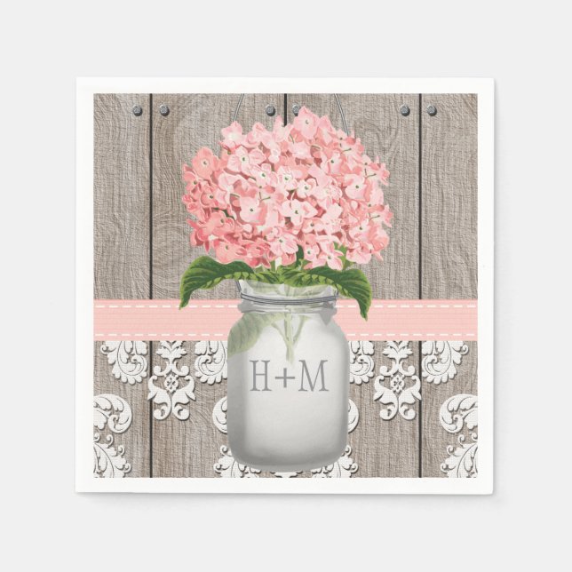 Blush Pink Monogrammed Hydrangea Mason Jar Napkins (Front)