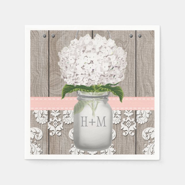 Blush Pink Monogrammed Hydrangea Mason Jar Paper Napkins (Front)