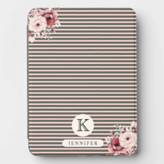 Blush Pink Moss Green Striped Floral Initial Kindle Cover