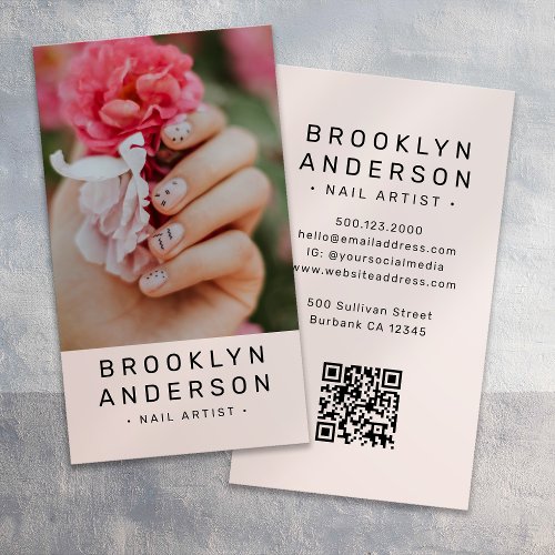 Blush Pink Nail Artist Photo QR Code Business Card