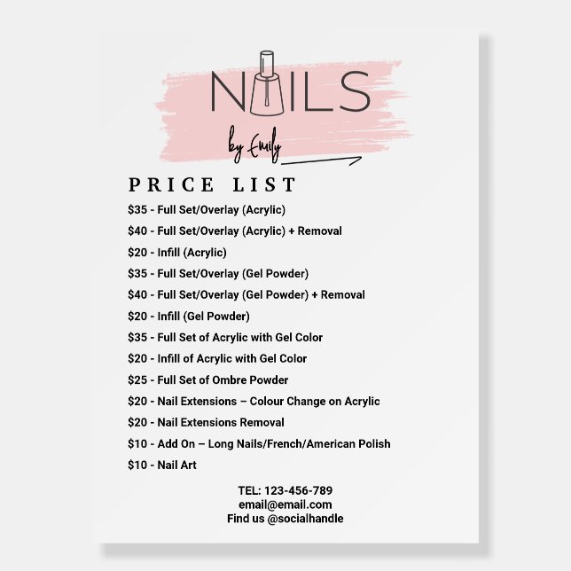 Blush Pink Nail Salon Price List Sign (Front)