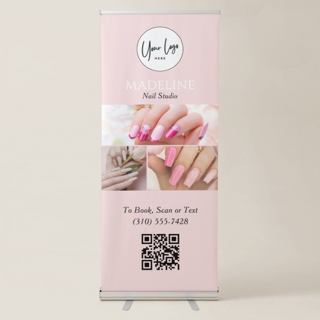 Blush Pink Nail Studio Logo QR Code Photo Booking Retractable Banner (Front)