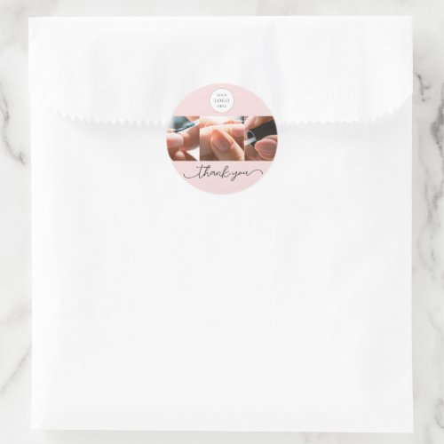 Blush Pink Nails Salon Script Logo Photo Thank You Classic Round Sticker