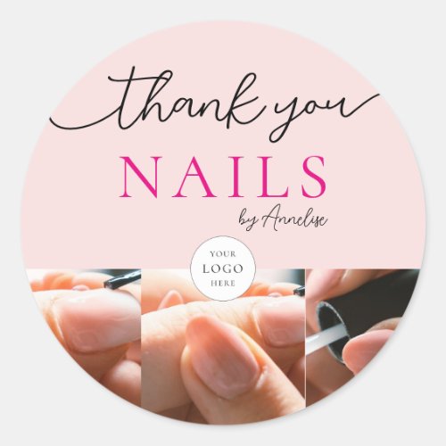 Blush Pink Nails Salon Script Logo Photo Thank You Classic Round Sticker