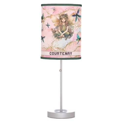 Blush Pink Name Magical Woodland Fairy Dragonfly Table Lamp