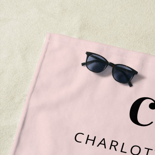 Blush pink name monogram initials beach towel (In Situ)