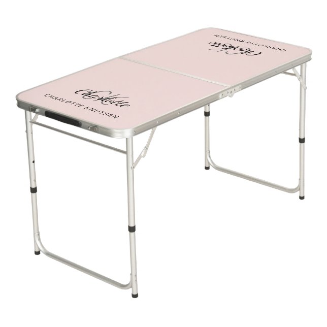 Blush pink name monogram initials script beer pong table (Angled)
