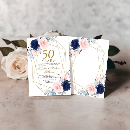 Blush Pink  Navy Blue 50th Wedding Anniversary Invitation