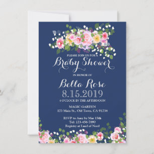 Blush Pink Navy Blue  Baby Shower Invitations